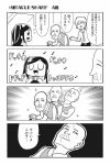  1girl 2boys 4koma bald bkub cane comic emphasis_lines fang flying_sweatdrops greyscale monochrome multiple_boys musical_note necktie old_man one_side_up original quaver simple_background sparkle sweater_vest tayo translation_request 