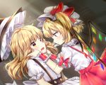  2girls arm_ribbon blonde_hair blush braid cheunes expressionless eye_contact fang flandre_scarlet flying_sweatdrops gradient gradient_background grey_background hair_ribbon hands_on_another&#039;s_cheeks hands_on_another&#039;s_face hat hat_removed hat_ribbon headwear_removed highres kirisame_marisa long_hair looking_at_another mob_cap multiple_girls open_mouth puffy_short_sleeves puffy_sleeves red_eyes red_skirt ribbon short_hair short_sleeves side_ponytail single_braid skirt suspenders touhou tress_ribbon upper_body wings witch_hat wrist_cuffs yellow_eyes 