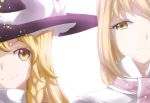  2girls alice_margatroid backlighting blonde_hair braid commentary frown hat htangt kirisame_marisa long_hair multiple_girls out_of_frame simple_background single_braid smile touhou witch_hat yellow_eyes 