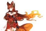  1girl 92m animal_ears anthuria bare_shoulders dress elbow_gloves erun_(granblue_fantasy) gloves gradient_hair granblue_fantasy hair_ornament long_hair looking_at_viewer multicolored_hair orange_hair red_dress red_eyes redhead simple_background single_glove solo white_background 