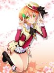  1girl black_boots boots clover_hair_ornament earrings hair_ornament highres hoshizora_rin jewelry looking_at_viewer love_live! love_live!_school_idol_project matatabi_(2ccp) orange_hair short_hair smile solo v yellow_eyes 