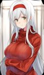  1girl breast_hold breasts brown_eyes hairband isshiki_(ffmania7) kantai_collection large_breasts long_hair looking_at_viewer ribbed_sweater shoukaku_(kantai_collection) sidelocks silver_hair sleeves_past_wrists smile solo sweater turtleneck_sweater very_long_hair 