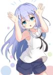  1girl armpits arms_up blue_eyes blue_hair bunny_pose gochuumon_wa_usagi_desu_ka? highres kafuu_chino kyoubu long_hair open_mouth shirt shorts sleeveless sleeveless_shirt solo 