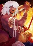  1boy armlet beads bracelet cup dark_skin gold groin jewelry lavender_eyes male_focus millennium_ring navel open_mouth ray.r ring shirtless smile solo spilling thief_king_bakura upper_body white_hair wrist_cuffs yu-gi-oh! yuu-gi-ou_duel_monsters 