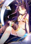 1girl armlet asymmetrical_clothes bare_shoulders black_hair breasts cleavage crown earrings fate/grand_order fate_(series) hair_ribbon highres hoop_earrings ishtar_(fate/grand_order) jewelry long_hair looking_at_viewer navel ribbon single_elbow_glove single_thighhigh solo thigh-highs tohsaka_rin underwear yan_(nicknikg)
