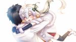  1boy 1girl ahoge bangs bell black_gloves black_hair black_legwear blush boots elbow_gloves fal fate/grand_order fate_(series) fujimaru_ritsuka_(male) gloves green_ribbon happy headpiece highres hug jeanne_alter jeanne_alter_(santa_lily)_(fate) long_hair open_mouth red_ribbon ribbon ruler_(fate/apocrypha) short_hair silver_hair simple_background smile striped striped_ribbon teeth thigh-highs white_background yellow_eyes 