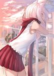  1girl animal_ears bare_arms blue_sky building clouds cloudy_sky crossed_arms highres kyoo-kyon_(kyo-kyon) leaning_against_railing leaning_forward long_hair looking_to_the_side multicolored_sky original outdoors pleated_skirt profile red_eyes red_scarf red_skirt red_sky scarf shiny shiny_hair shirt skirt sky sleeveless sleeveless_shirt solo sunset suzunari_arare tree white_hair 