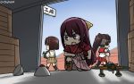  3girls aircraft airplane boots brown_hair commentary crate dated hakama hamu_koutarou headgear highres hyuuga_(kantai_collection) japanese_clothes kamikaze_(kantai_collection) kantai_collection long_hair meiji_schoolgirl_uniform multiple_girls pink_hakama ponytail purple_hair ribbon-trimmed_sleeves ribbon_trim single_thighhigh sweat tasuki thigh-highs translated type_91_armor-piercing_shell yamato_(kantai_collection) 