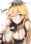  1girl absurdres blonde_hair breasts cleavage elbow_gloves fingerless_gloves front-tie_top gloves headgear highres iowa_(kantai_collection) kantai_collection kiss large_breasts looking_at_viewer o3o one_eye_closed star star-shaped_pupils symbol-shaped_pupils yellow_eyes yinzhai 