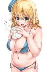  1girl absurdres aqua_eyes atago_(kantai_collection) baozi beret bikini blonde_hair blue_bikini breasts cleavage food hat highres kantai_collection kntrs_(knyrs) large_breasts looking_at_viewer navel open_mouth plump solo swimsuit teeth 