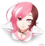  1girl artist_name breasts brown_eyes cleavage cslucaris from_above hands_on_hips heterochromia jewelry looking_at_viewer looking_up medium_breasts necklace neo_(rwby) pink_eyes raised_eyebrow rwby smile solo white_background 