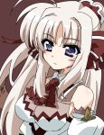  1girl ahoge bare_shoulders bow breasts brown_background detached_sleeves expressionless hair_bow impossible_clothes long_hair lyrical_nanoha ponytail rinne_berlinetta silver_hair simple_background solo tatsuko violet_eyes vivid_strike! 