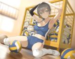  1girl 2016 armpits arms_behind_head artist_name bangs blurry blush breasts buruma cart cleavage depth_of_field dutch_angle elbow_gloves eyebrows_visible_through_hair gloves grey_eyes grey_hair gym hair_between_eyes indoors large_breasts legs looking_at_viewer midriff navel original parted_lips ponytail shadow shin_guards shoes single_sleeve sitting smile solo sports_bra sweat teeth thigh-highs thighs throtem volleyball wariza white_legwear 