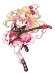  1girl absurdres artist_request blonde_hair boots breasts choker cleavage copyright_request electric_guitar full_body garter_straps guitar highres instrument leg_up long_hair one_eye_closed one_side_up open_mouth plectrum puffy_sleeves red_eyes short_sleeves simple_background skirt solo thigh-highs white_background white_legwear wrist_cuffs 