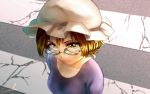  1girl bespectacled blonde_hair breasts closed_mouth collarbone crosswalk eyelashes from_above glasses hair_between_eyes hat light_smile looking_at_viewer maribel_hearn mob_cap purple_shirt shirt short_hair signature solo touhou u-eruto upper_body white_hat yellow_eyes 