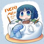  1girl birthday_cake blue_eyes blue_hair breasts cake candle chibi cleavage commentary_request drill_hair fish_cake fish_tail food happy_birthday inunoko. japanese_clothes kimono mermaid monster_girl touhou wakasagihime 