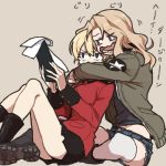  2girls blonde_hair blue_eyes darjeeling girls_und_panzer hug hug_from_behind jacket kay_(girls_und_panzer) long_hair multiple_girls ree_(re-19) short_hair 