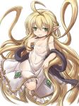  1girl absurdly_long_hair ahoge bangle bare_shoulders blonde_hair bracelet breasts granblue_fantasy green_eyes harbin highres jewelry long_hair melissabelle nikke open_mouth panties pointy_ears prehensile_hair shawl small_breasts smile solo strap_slip underwear very_long_hair white_panties 