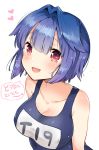  1girl alternate_hairstyle bangs blue_hair blush breasts cleavage collarbone commentary fang hair_between_eyes heart i-19_(kantai_collection) ichihaya kantai_collection large_breasts looking_at_viewer name_tag open_mouth red_eyes school_swimsuit short_hair simple_background smile solo speech_bubble swimsuit translated upper_body white_background 