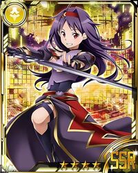  1girl ahoge black_gloves breastplate card_(medium) fingerless_gloves gloves grin hairband holding holding_sword holding_weapon purple_hair red_eyes red_hairband short_hair smile solo star sword sword_art_online weapon yuuki_(sao) 