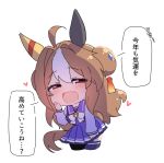  1girl ahoge animal_ears chibi copano_rickey_(umamusume) cropped_legs double_bun ear_covers fang hair_between_eyes hair_bun hair_intakes hair_ornament half-closed_eyes heart horse_ears horse_girl horse_tail horseshoe_ornament light_blush light_brown_hair long_hair long_sleeves looking_at_viewer multicolored_hair no_nose open_mouth purple_sailor_collar purple_thighhighs red_eyes sailor_collar school_uniform skin_fang solo streaked_hair tail thigh-highs tracen_school_uniform umamusume warashi white_hair 