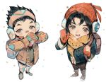  2boys :d backpack bag bandaid bandaid_on_nose bangs beanie black_hair black_pants blush boots breath brothers buttons cardigan child coat covered_mouth covering_mouth dragon_print drawstring earmuffs from_above full_body genji_(overwatch) hair_slicked_back hand_over_own_mouth hanzo_(overwatch) hat holding_strap interlocked_fingers long_sleeves looking_at_viewer looking_up male_focus mittens multiple_boys muyihui open_mouth overwatch own_hands_together pants red_hat scarf siblings simple_background smile unbuttoned white_background white_boots white_pants yellow_scarf younger 