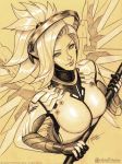  1girl 2016 artist_name bodysuit breasts dated emblem eyelashes graphite_(medium) high_ponytail highres holding holding_staff lips looking_at_viewer mechanical_halo mechanical_wings medium_breasts mercy_(overwatch) michelle_hoefener monochrome nose overwatch parted_lips patreon signature simple_background sketch smile solo spread_wings staff traditional_media upper_body watermark web_address wings yellow_background 