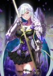  1girl armor fate/grand_order fate/prototype fate/prototype:_fragments_of_blue_and_silver fate_(series) gauntlets holding holding_weapon lancer_(fate/prototype_fragments) long_hair looking_at_viewer mingou91 petals polearm silver_hair solo spear very_long_hair violet_eyes weapon 