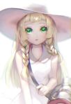  1girl blonde_hair braid dress green_eyes hat highres lillie_(pokemon) lma long_hair looking_at_viewer parted_lips pokemon pokemon_(game) pokemon_sm signature sleeveless sleeveless_dress solo sun_hat twin_braids white_dress white_hat 