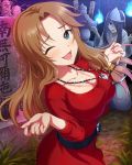  2girls blue_eyes bracelet breasts brown_hair character_request cleavage dress graveyard hitodama idolmaster idolmaster_cinderella_girls jewelry large_breasts long_hair matsumoto_sarina multiple_girls necklace official_art one_eye_closed open_mouth red_dress smile tombstone 