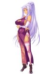  1girl absurdres artist_request bare_shoulders blue_eyes boots breasts china_dress chinese_clothes crossed_arms dark_skin detached_sleeves dress full_body garter_belt garter_straps highres koihime_musou kougai large_breasts lavender_hair lipstick long_hair looking_at_viewer makeup mole mole_under_mouth official_art ponytail smile solo standing thigh-highs transparent_background very_long_hair 
