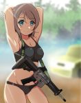  1girl absurdres ankoiri armpits arms_behind_head arms_up assault_rifle backlighting bare_shoulders black_panties blue_eyes blurry_background blush bottomless breasts cleavage crop_top gun highres large_breasts light_brown_hair looking_at_viewer love_live! love_live!_sunshine!! m4_carbine midriff military outdoors panties rifle short_hair sleeveless smile solo sports_bra standing tank_top underwear watanabe_you weapon 