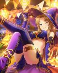  1girl adjusting_clothes adjusting_hat anklet blue_eyes bracelet breasts brown_hair elbow_gloves gloves hat idolmaster idolmaster_cinderella_girls jack-o&#039;-lantern jewelry long_hair matsumoto_sarina midriff official_art one_eye_closed solo thigh-highs under_boob witch_hat 