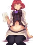  1girl :o =3 arm_support beer_mug belt black_legwear blush breasts ear_piercing from_below holding_drinking_glass horikawa_raiko jacket large_breasts looking_at_viewer looking_down midriff navel necktie open_clothes open_jacket open_mouth pantyhose piercing plaid plaid_shirt purple_necktie red_eyes redhead shirt short_hair sitting skirt solo stomach sweat touhou utopia white_jacket white_skirt 