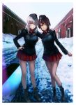  2girls akaboshi_koume blue_eyes dara girls_und_panzer highres itsumi_erika military military_uniform multiple_girls snow uniform 