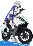  1girl :d ass back belt black_gloves blue_eyes boots cellphone gloves grey_hair ground_vehicle koko_shiguma long_hair looking_at_viewer midriff motor_vehicle motorcycle open_mouth original phone pointing scarf sheath sheathed silhouette smartphone smile solo 
