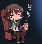  1girl b3 blush chair chibi closed_eyes commentary_request crescent crying food kantai_collection knees_together_feet_apart mutsuki_(kantai_collection) nose_blush open_mouth pantyhose pleated_skirt popcorn redhead sailor_collar school_uniform serafuku short_hair sitting skirt solo wavy_mouth 