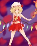  1girl ascot blonde_hair bow crystal fire flandre_scarlet hat hat_bow hat_ribbon midriff miyo_(ranthath) mob_cap red_eyes ribbon side_ponytail skirt skirt_set smile solo torn_clothes touhou wings wrist_cuffs 