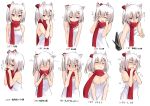  1girl adjusting_scarf animal_ears bare_arms bare_shoulders blush breasts cleavage closed_eyes closed_mouth crying dress embarrassed expression_chart expressions eyebrows eyebrows_visible_through_hair female fidgeting flying_sweatdrops hair_between_eyes hair_ornament hair_ribbon hairclip hands_on_own_face kyoo-kyon_(kyo-kyon) looking_at_viewer multiple_views nose_blush one_side_up open_mouth original pout red_eyes red_ribbon red_scarf ribbon scarf short_hair simple_background sleeveless sleeveless_dress smile strap_slip suzunari_arare teeth trembling tsurime upper_body v_arms w_arms wavy_mouth white_background white_dress white_hair 