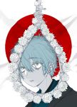  1boy blue_hair copyright_request flower japanese_clothes japanese_flag looking_up male_focus maruco messy_hair noose open_mouth partially_colored plant solo upper_body white_background yellow_eyes 