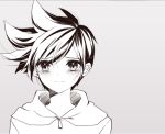  1girl atobesakunolove blush casual earrings female grey_background hood hoodie jewelry light_smile looking_at_viewer monochrome overwatch portrait short_hair simple_background sketch solo spiky_hair tearing_up tears tracer_(overwatch) upper_body 