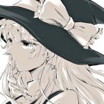  1girl black_dress black_hat bow braid closed_mouth dress earrings face frilled_shirt_collar frills hair_bow hat hat_bow jewelry kirisame_marisa long_hair looking_away monochrome nooca shirt side_braid simple_background single_braid solo star star_earrings touhou white_background witch_hat 