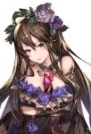  1girl between_breasts box breasts brown_hair cleavage dress flower frills gift gift_box gloves granblue_fantasy hair_flower hair_ornament jewelry large_breasts long_hair looking_at_viewer minaba_hideo parted_lips rosetta_(granblue_fantasy) simple_background smile solo upper_body 