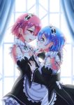  2girls backlighting blue_eyes blue_hair blue_ribbon curtains detached_sleeves hair_ornament hair_over_one_eye hair_ribbon hairband hand_on_another&#039;s_chest hand_on_another&#039;s_chin hand_on_another&#039;s_head maid mizunashi_hayate multiple_girls open_mouth pink_eyes pink_hair pink_ribbon ram_(re:zero) re:zero_kara_hajimeru_isekai_seikatsu rem_(re:zero) ribbon ribbon-trimmed_sleeves ribbon_trim short_hair siblings sisters smile twins window x_hair_ornament 