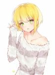  1girl blonde_hair green_eyes idolmaster idolmaster_cinderella_girls looking_at_viewer miyamoto_frederica off_shoulder open_mouth short_hair signature sleeves_past_wrists solo striped striped_sweater sweater tr_(kangtw123) 