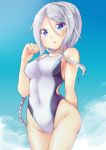  1girl asake_ameji blue_eyes braid breasts chestnut_mouth competition_swimsuit kantai_collection long_hair medium_breasts one-piece_swimsuit silver_hair single_braid standing swimsuit umikaze_(kantai_collection) very_long_hair white_swimsuit 