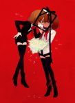  :d androgynous ankle_boots black_boots black_jacket black_legwear black_shorts boots bouquet brown_hair chara_(undertale) chrysanthemum closed_mouth collared_shirt dark_skin dress_shirt english eye_contact floating flower formal frame frisk_(undertale) from_side full_body hand_on_hip high_heel_boots high_heels holding holding_bouquet iei jacket leaning_forward legs_crossed long_sleeves looking_at_another neck_ribbon open_mouth pale_skin petals profile red_background red_eyes ribbon shirt short_hair short_shorts shorts simple_background smile soseji_(tjduswjd) spoilers standing suit thigh-highs undertale white_flower white_shirt 