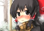  1girl black_eyes black_hair blush bow breath cold eyebrows_visible_through_hair gaoo_(frpjx283) hair_bow hair_tubes hakurei_reimu half_updo long_hair nose_blush scarf snowing touhou winter 