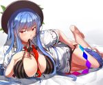  1girl absurdres bangs barefoot between_breasts black_bra black_hat black_panties blue_hair blue_skirt blush bra breasts breasts_outside cleavage frilled_skirt frills hat highres hinanawi_tenshi large_breasts long_hair looking_at_viewer lying mouth_hold neropaso on_side panties rainbow_order red_eyes shirt sidelocks skirt skirt_pull solo striped touhou underwear vertical-striped_bra vertical_stripes white_shirt 