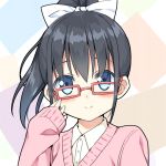  1girl adjusting_glasses black_hair blue_eyes blush bow cardigan copyright_request glasses hair_bow hair_ornament hatsunatsu long_sleeves ponytail red-framed_eyewear shirt simple_background smile 